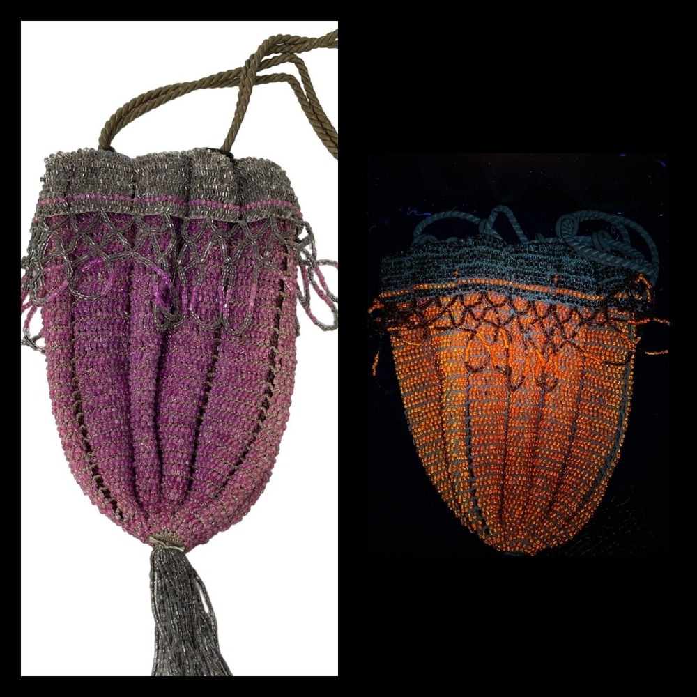 Glass Bead Drawstring Flapper Purse Manganese‎ Cadmium 1920s Purple UV Reactive